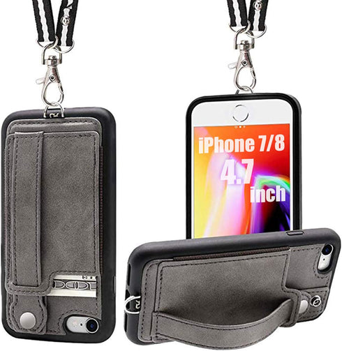 TOOVREN iPhone SE Case 2020/2022 Phone Lanyard Neck Strap for iPhone 8 Case with Card Holder iPhone 7 Wallet Case with Kickstand Leather PU Card H...